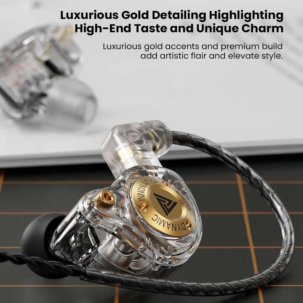 Luxurious gold detailing on QKZ Enzo Pro IEM adds premium aesthetic appeal and highlights its high-end audio design.