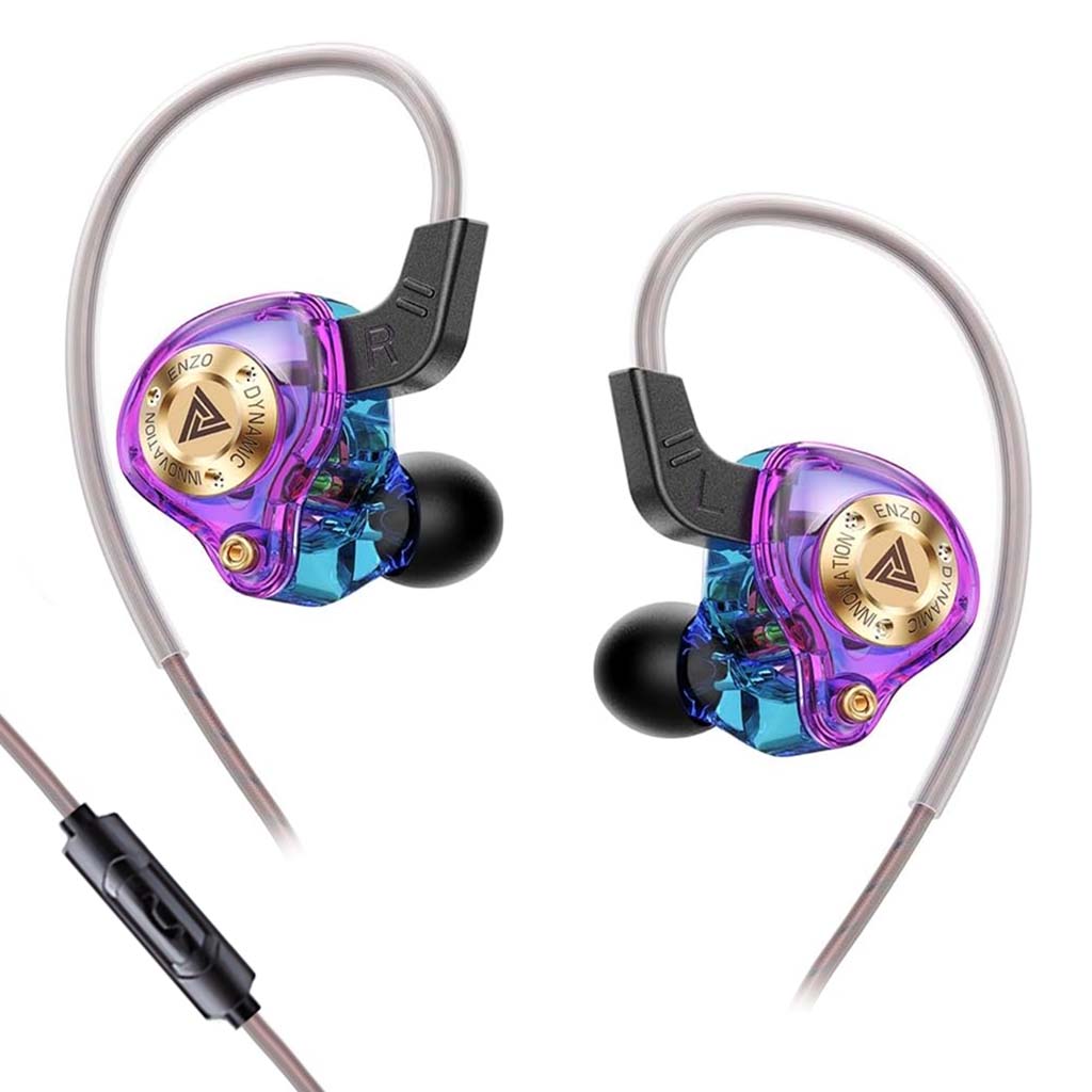 QKZ-ENZO Wired IEM with mic featuring a transparent purple and blue housing, ergonomic ear hooks, and in-ear silicone tips for immersive sound.