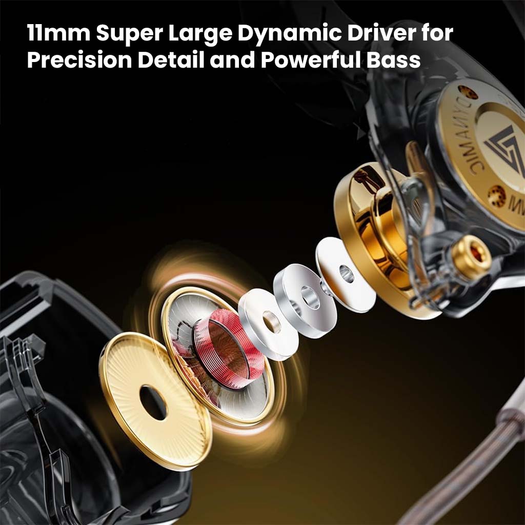 Exploded view of QKZ-ENZO IEM showcasing its 11mm dynamic driver for precision detail and powerful bass performance in music playback.