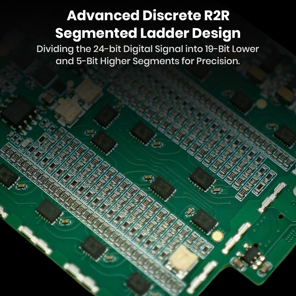 Close-up of QULOOS - MUB5's advanced R2R segmented ladder DAC architecture with 19+5 bit precision for true analog-like sound.