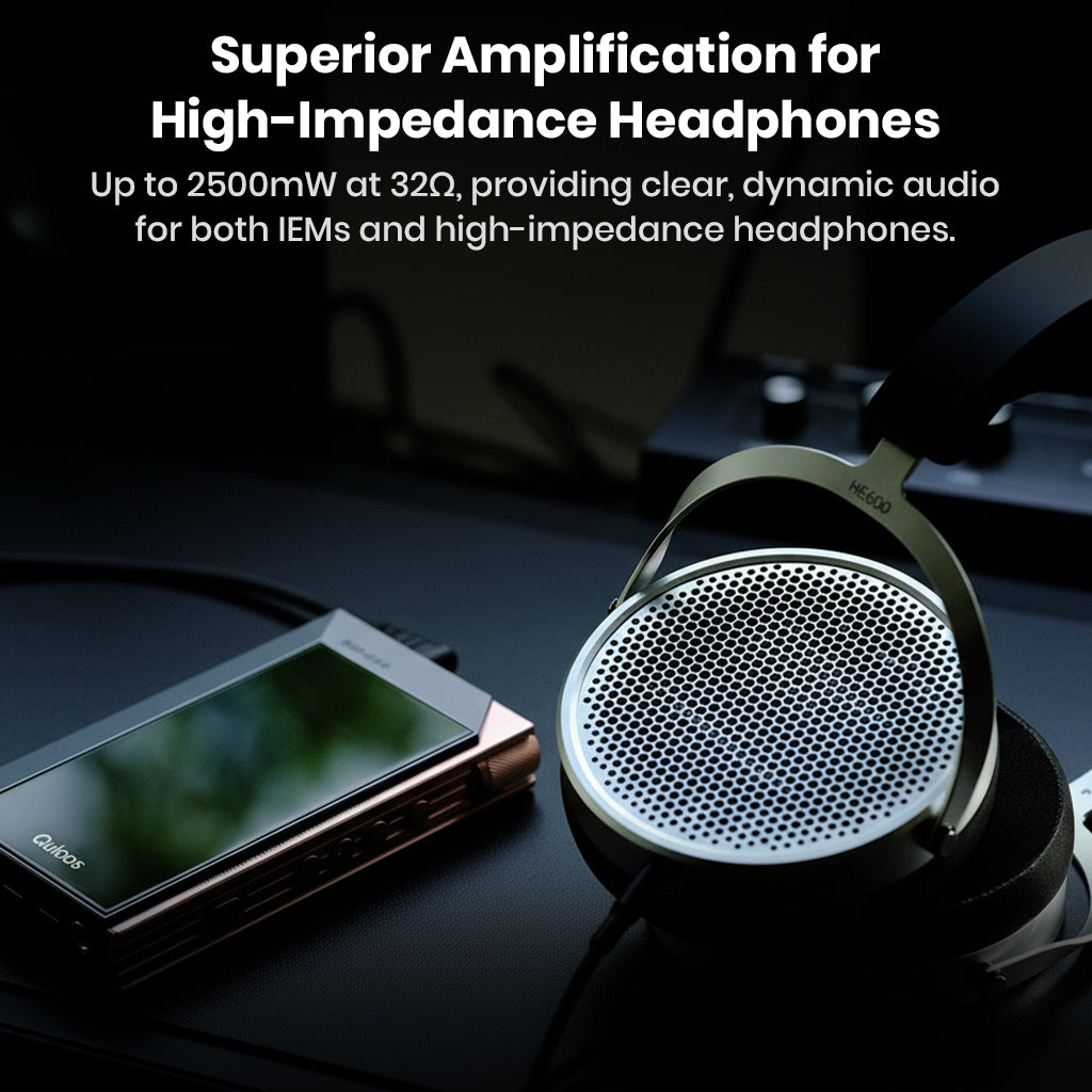 QULOOS - MUB5 Portable DAC/AMP powering high-impedance headphones with 2500mW output at 32Ω for dynamic and clear audio.