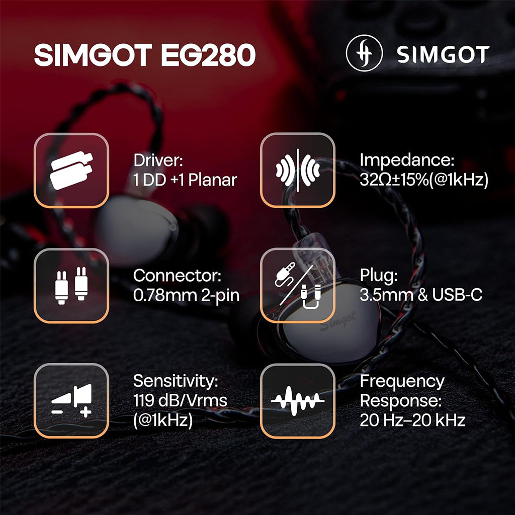 SIMGOT EG280 IEM specs include 1DD+1 planar driver, 0.78mm 2-pin connector, 3.5mm & USB-C plug, and 20Hz–20kHz frequency range.