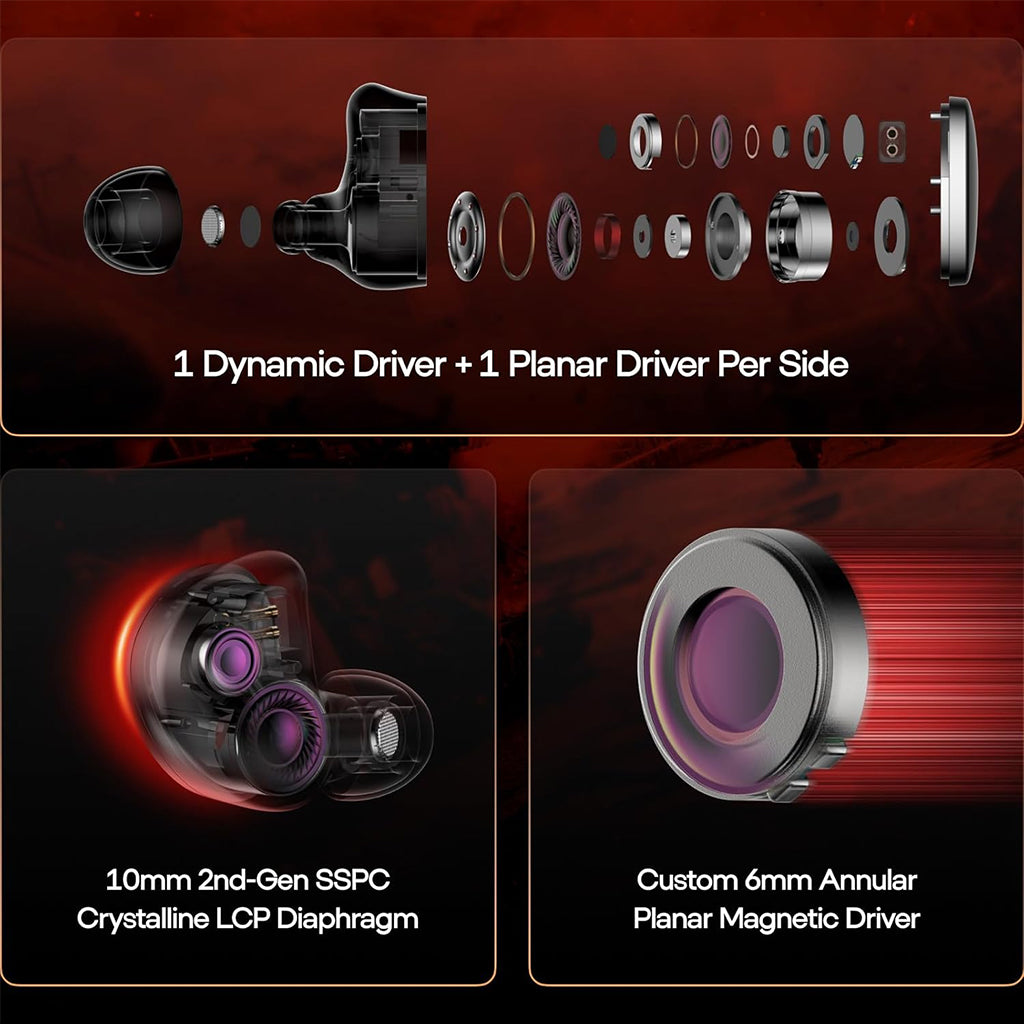 Exploded view of SIMGOT EG280 Hybrid IEM showing 10mm LCP diaphragm and 6mm planar magnetic driver for superior audio clarity.