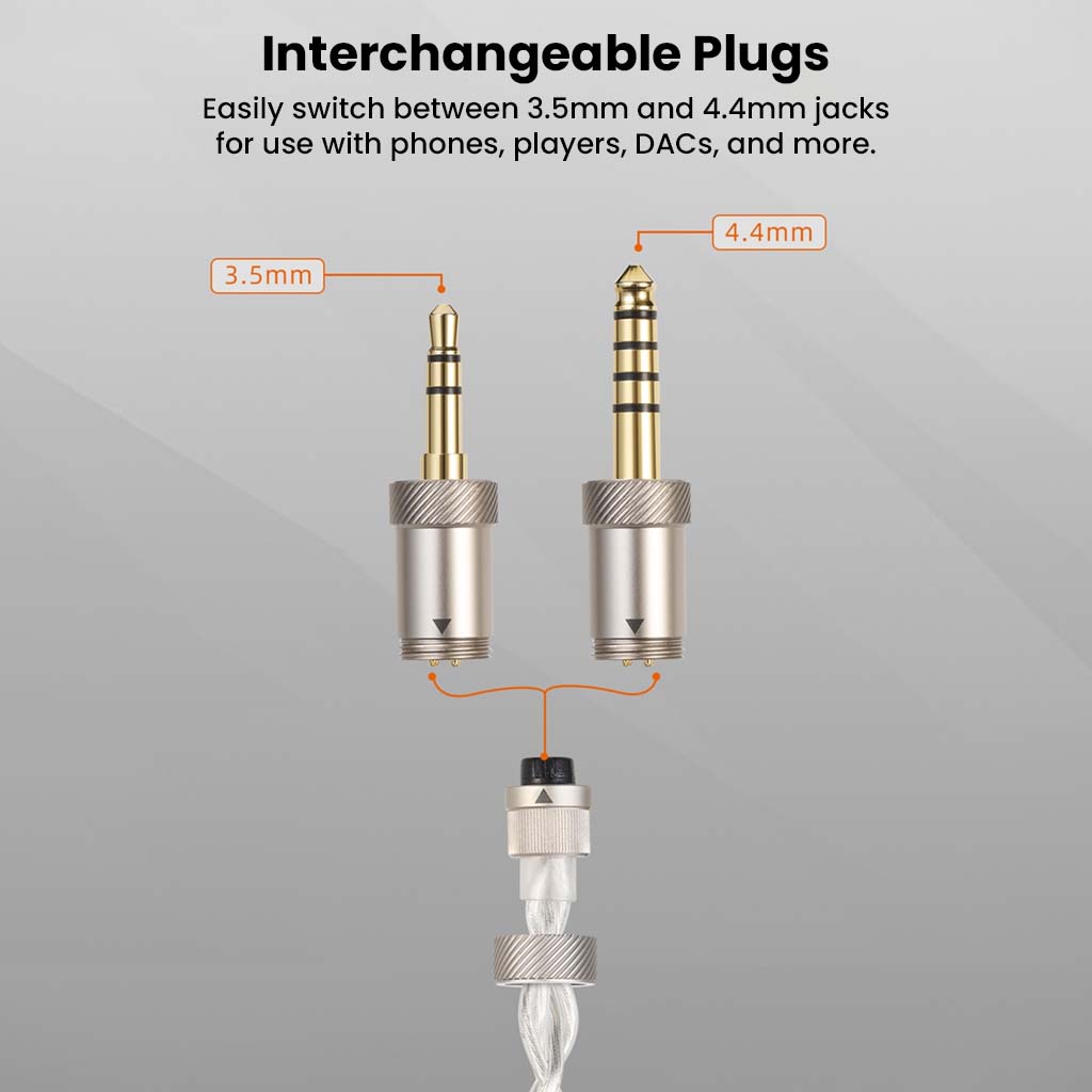 SIVGA Que UTG IEM includes interchangeable 3.5mm and 4.4mm plugs for compatibility with phones, DACs, and audio players.