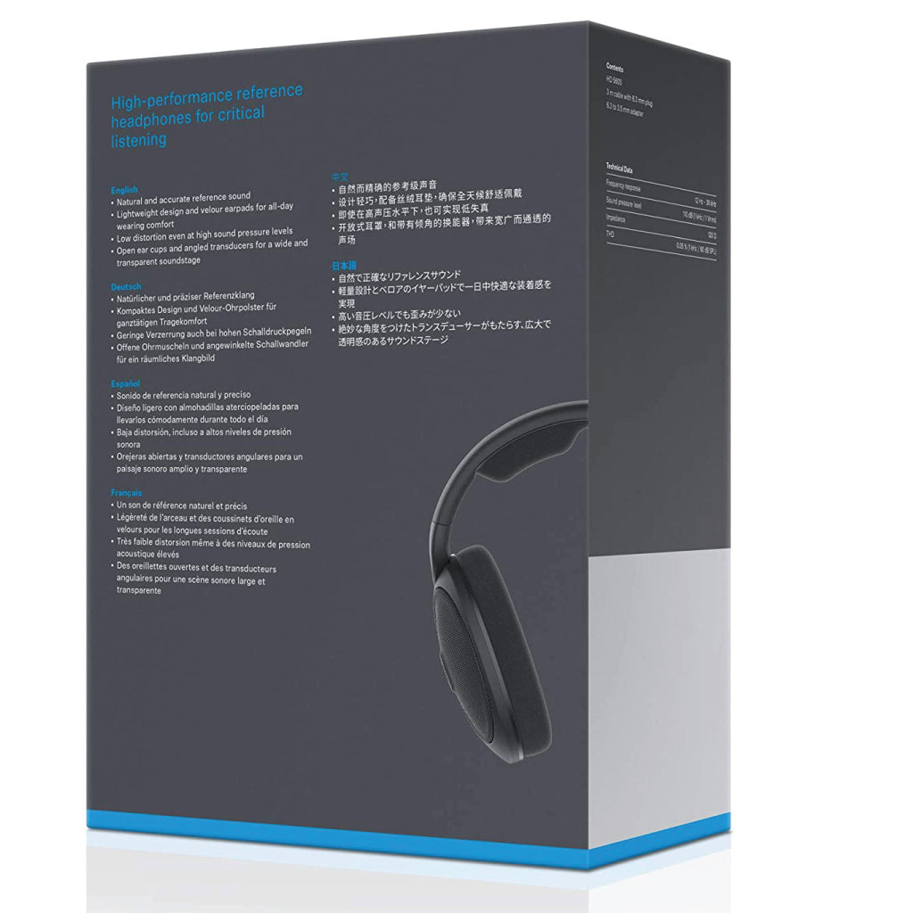 Back of Sennheiser HD 560S headphone box detailing features like natural reference sound and polymer-blend transducer membrane technology.