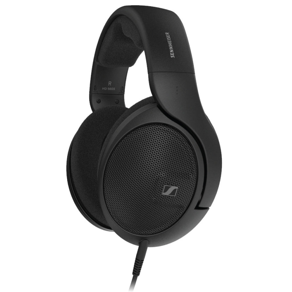 Angled front view of Sennheiser HD 560S wired headphones featuring a durable frame and open-back design for immersive audio clarity.