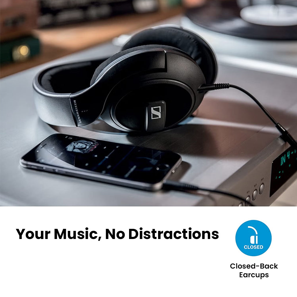 Sennheiser HD 569 headphones connected to audio equipment, emphasizing closed-back earcups for distraction-free music listening experience.