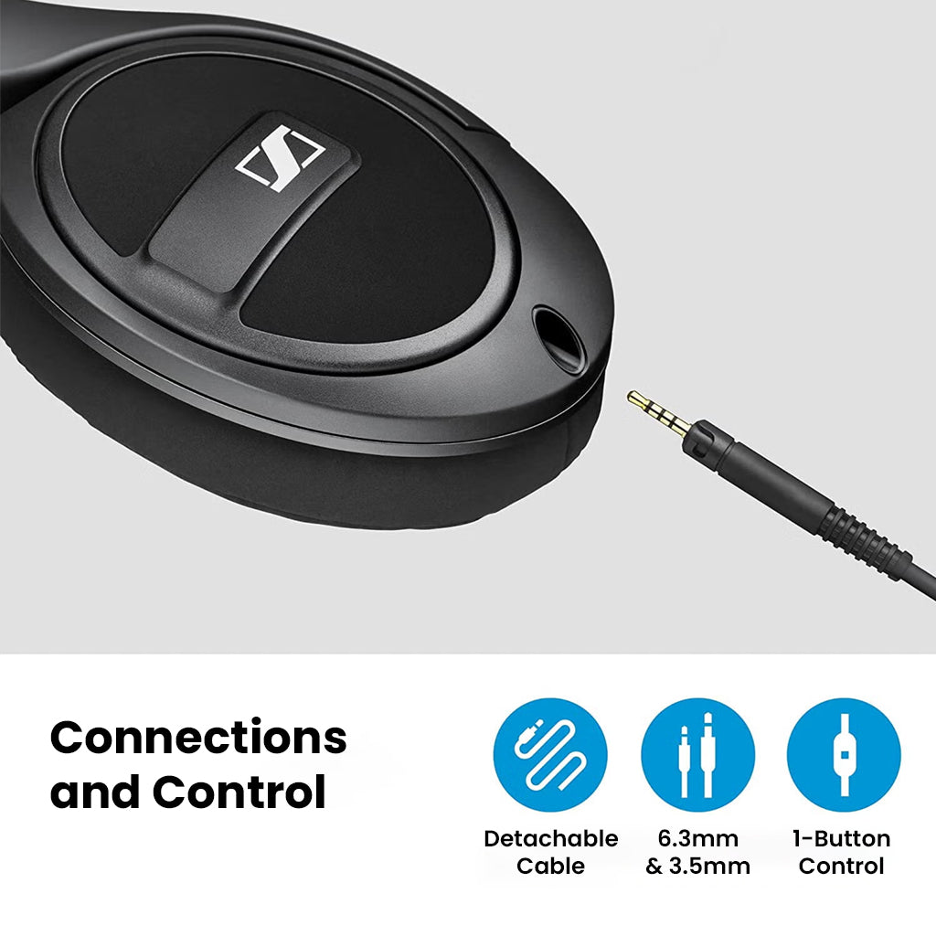 Sennheiser HD 569 headphones with detachable cable, 6.3mm and 3.5mm jacks, and 1-button control for versatile wired audio connectivity.