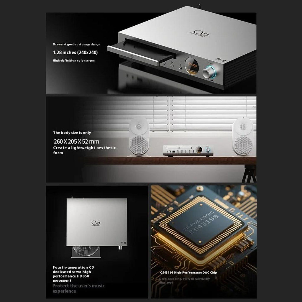 Shanling CD80II CD Player with drawer-type disc tray, compact 260x205x52mm size, and CS43198 DAC chip for high-resolution audio performance.