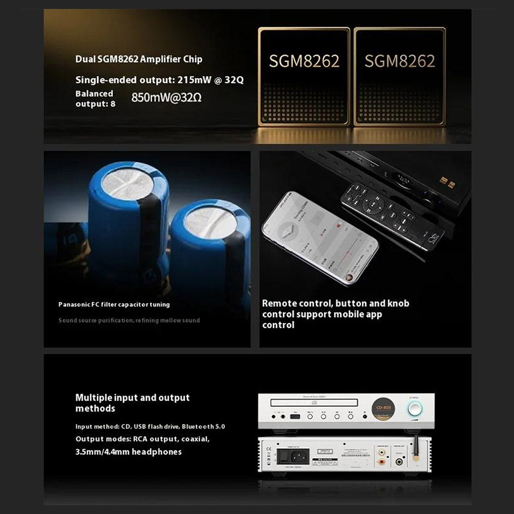 Shanling CD80II CD Player features dual SGM8262 amplifier chips, Panasonic FC capacitors, and remote control with mobile app support for audio playback.