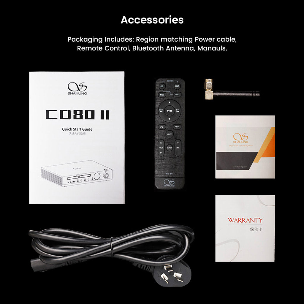 Shanling CD80II CD Player accessories include power cable, remote control, Bluetooth antenna, user manuals, and warranty card for setup.