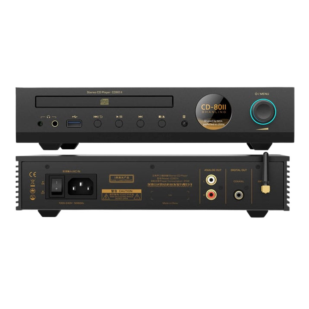 Front and rear view of Shanling CD80II Modernized CD Player showcasing Hi-Res audio ports, USB, RCA, and coaxial outputs for versatile connectivity.