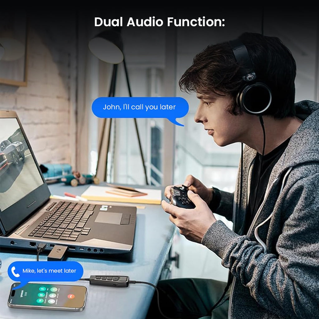 SIMGOT GEW1 USB Gaming Sound Card supports dual audio function, allowing simultaneous gaming and phone communication via USB connection.