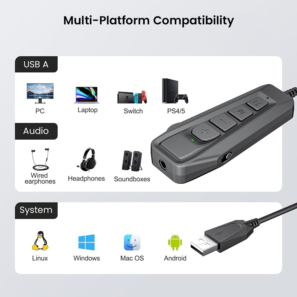 SIMGOT GEW1 USB Gaming Sound Card features multi-platform compatibility with PC, Mac, PS4/5, Switch, and Android for versatile audio use.