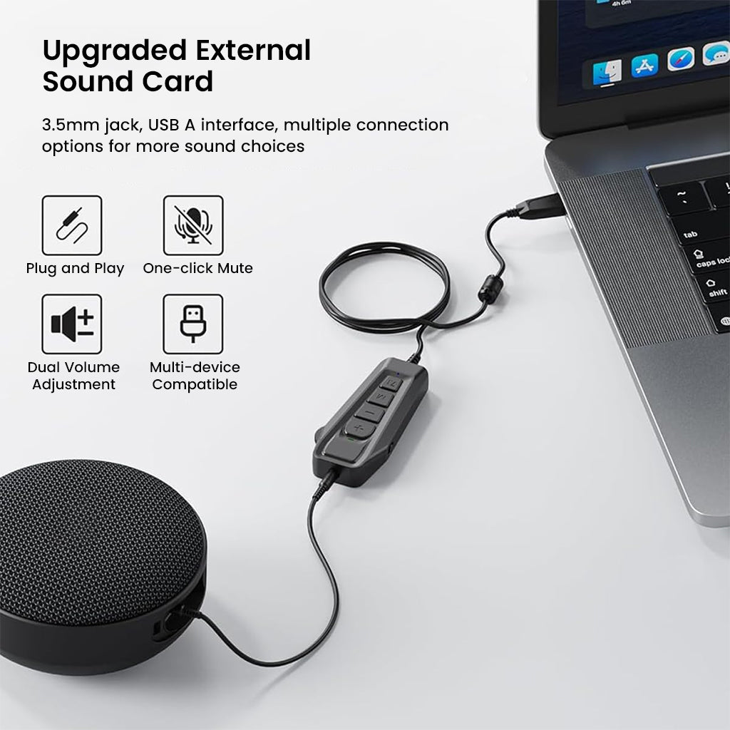 SIMGOT GEW1 USB Gaming Sound Card connected to laptop and speaker, showcasing plug-and-play functionality and dual volume control.