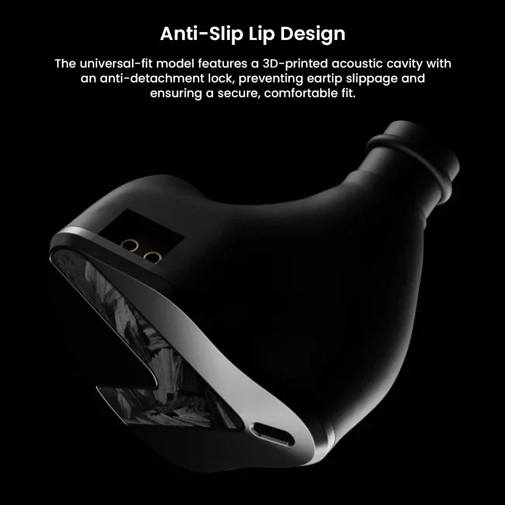 Softears RSV-MKII IEM featuring anti-slip lip design with 3D-printed acoustic cavity for secure and comfortable ear fit.