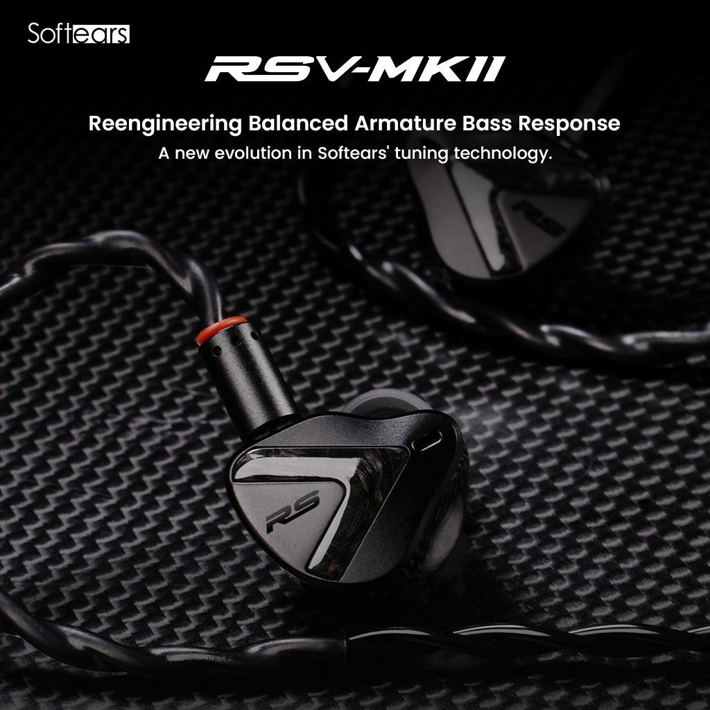 Close-up of Softears RSV-MKII IEM highlighting reengineered balanced armature bass response and advanced tuning technology.