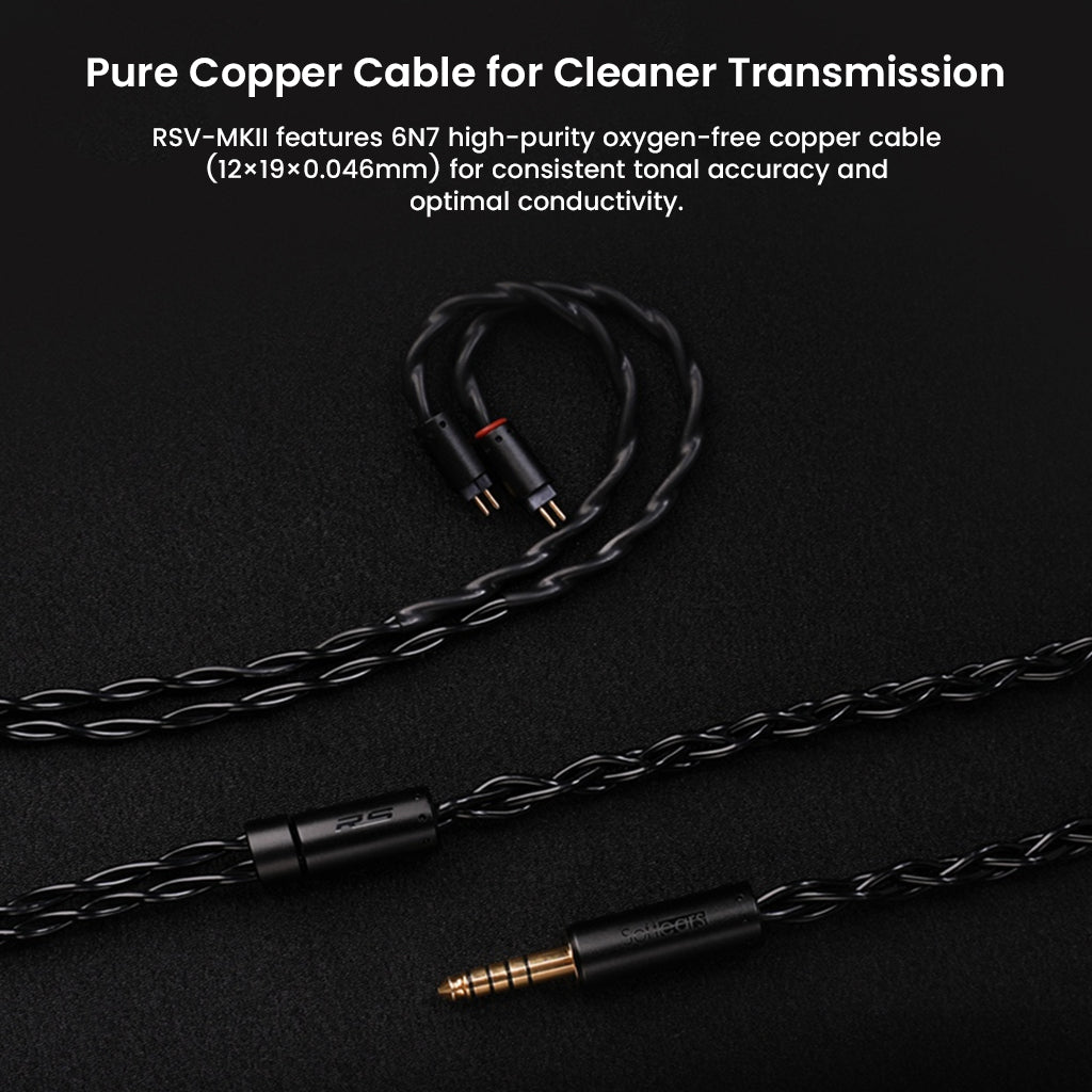 Softears RSV-MKII includes 6N oxygen-free copper cable for high-purity signal transmission and optimal audio clarity.