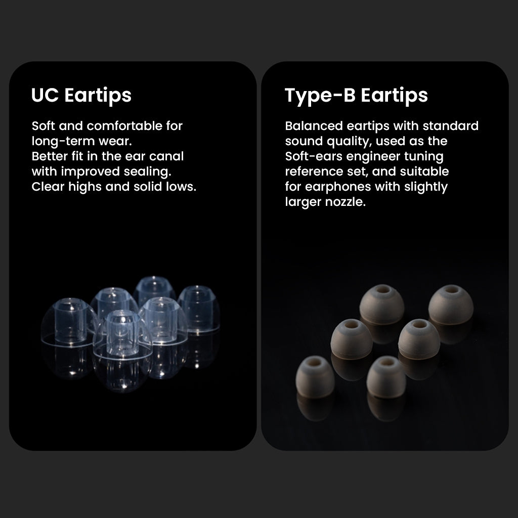 UC and Type-B eartips included with Softears RSV-MKII IEMs, offering improved sealing and balanced sound for various ear sizes.