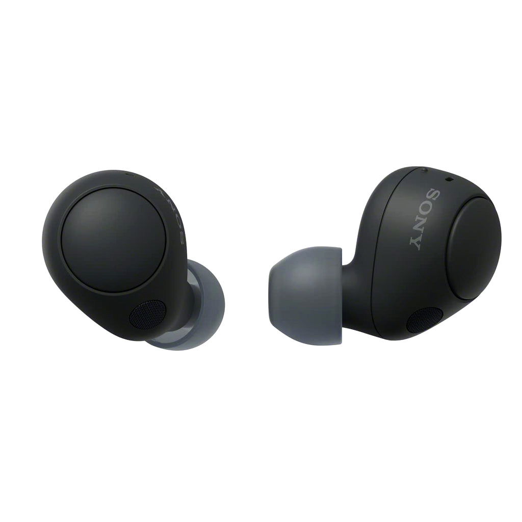 Close-up of Sony WFC700N black earbuds showcasing compact build and 5mm driver for powerful sound in the headphones & headsets category.