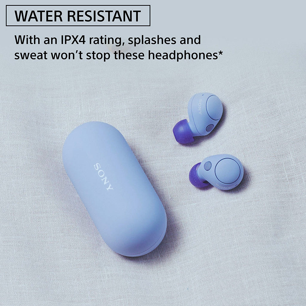 Sony WFC700N earbuds and case in lavender with IPX4 water resistance, designed to withstand splashes and sweat during workouts.