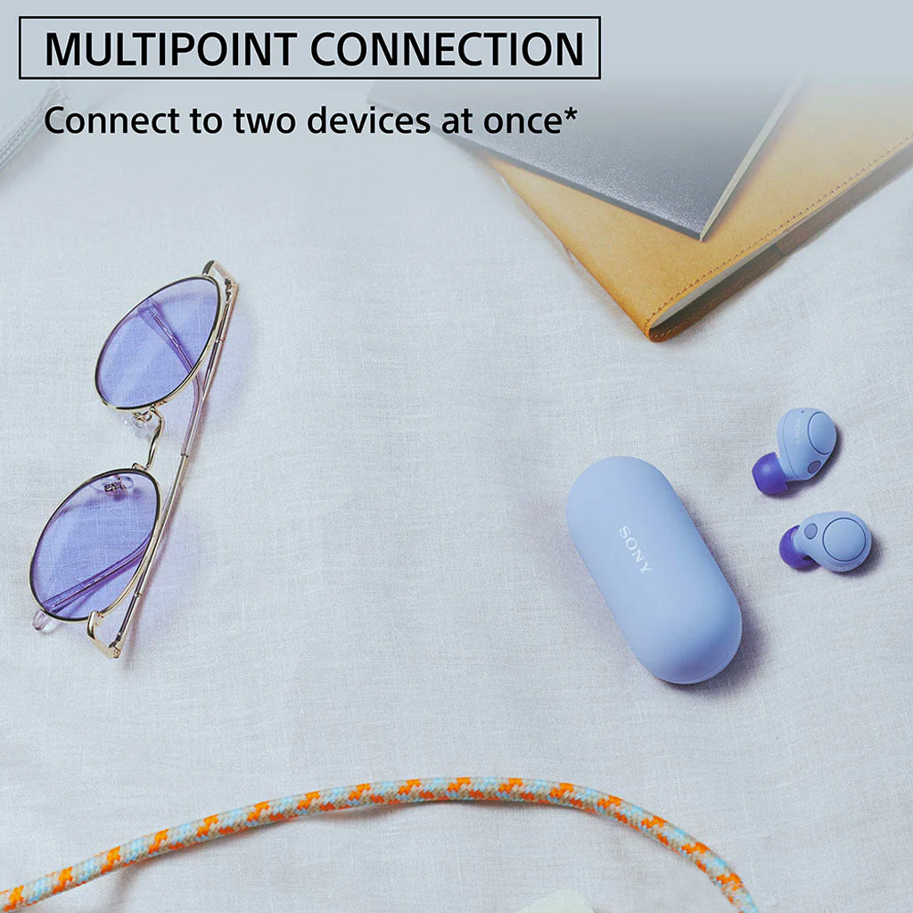 Sony WFC700N earbuds with multipoint connection feature, allowing seamless switching between two devices for enhanced productivity.