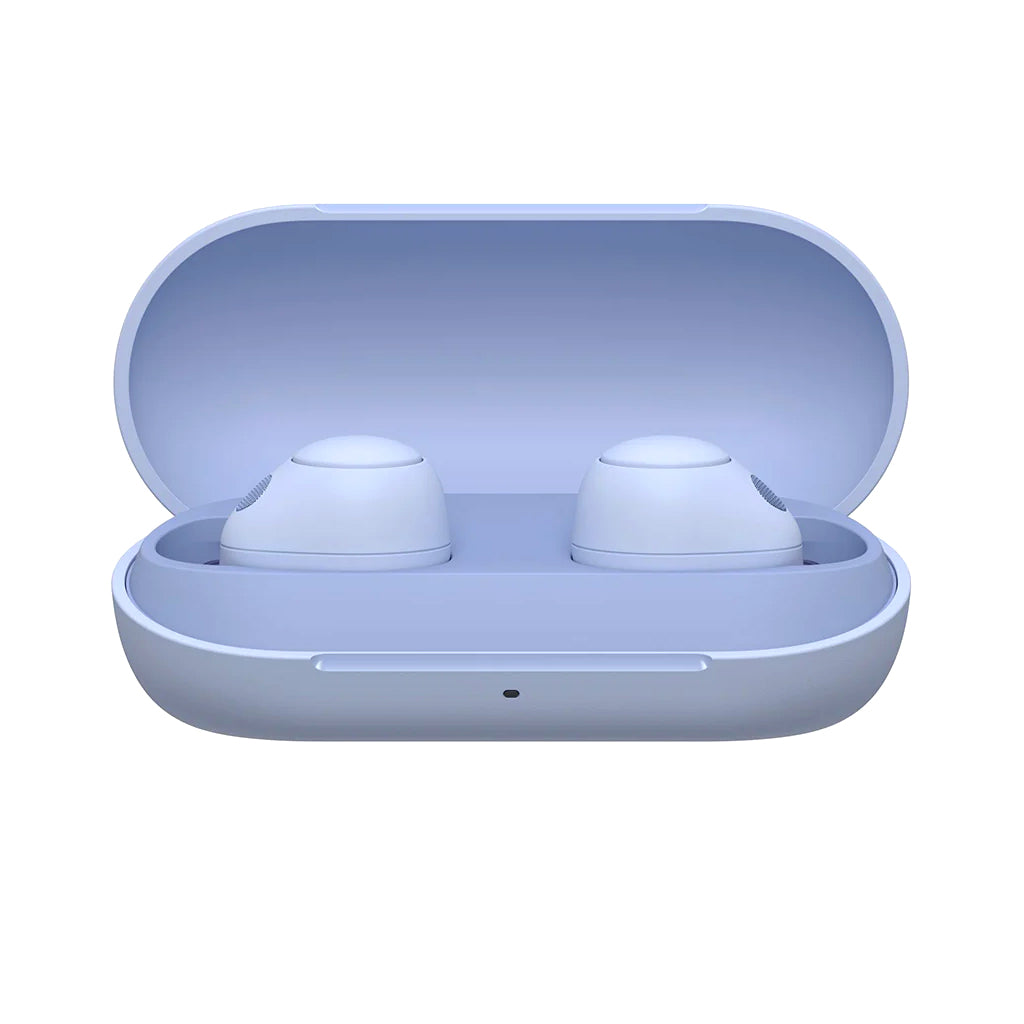 Sony WFC700N wireless earbuds in lavender charging case with sleek, compact design for easy portability and storage.