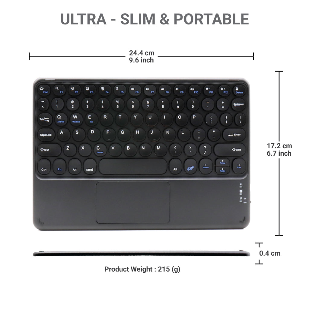 TECPHILE Keyboard - Ultra-slim and lightweight wireless Bluetooth keyboard with dimensions and weight specifications displayed.