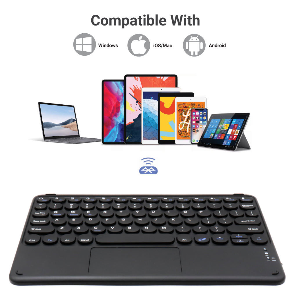 TECPHILE Bluetooth Keyboard compatible with Windows, iOS, Mac, and Android devices, shown with various tablets and laptops.