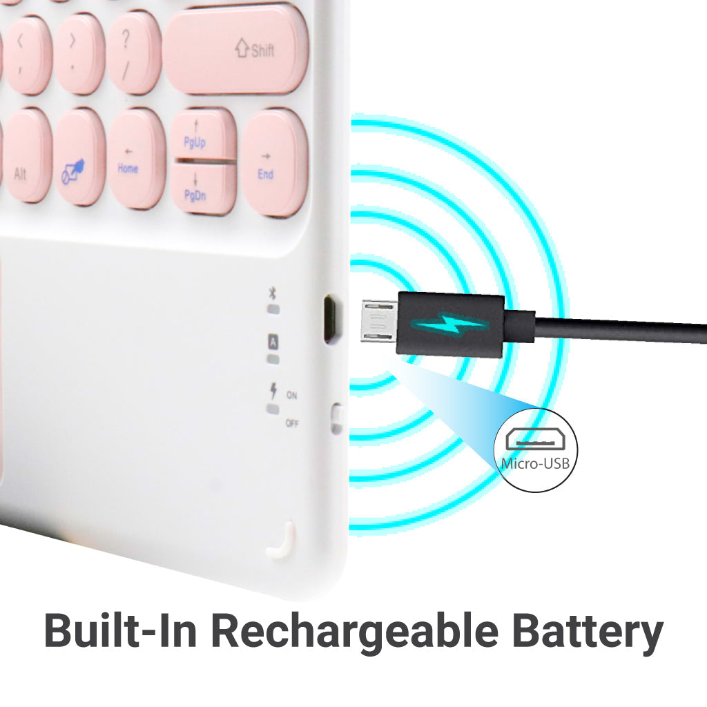 TECPHILE pink wireless keyboard with built-in rechargeable battery and micro-USB charging port for easy recharging.