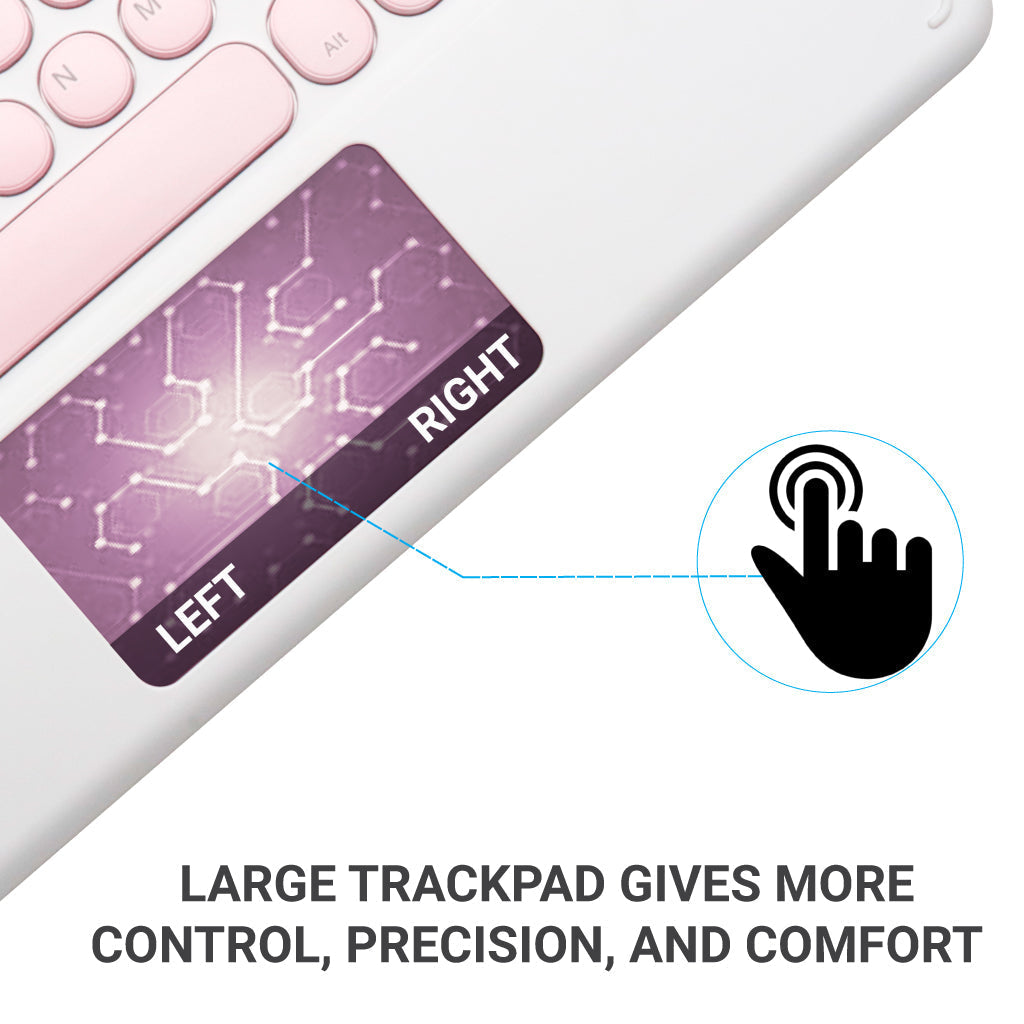 Close-up of TECPHILE pink keyboard's large touchpad with left and right click zones for precise navigation and comfort.