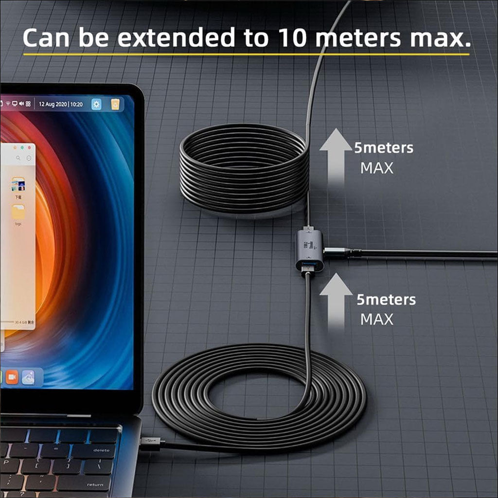 TECPHILE USB C 3.2 cable extender setup showing 10-meter max extension using dual 5M cables for extended device connectivity.