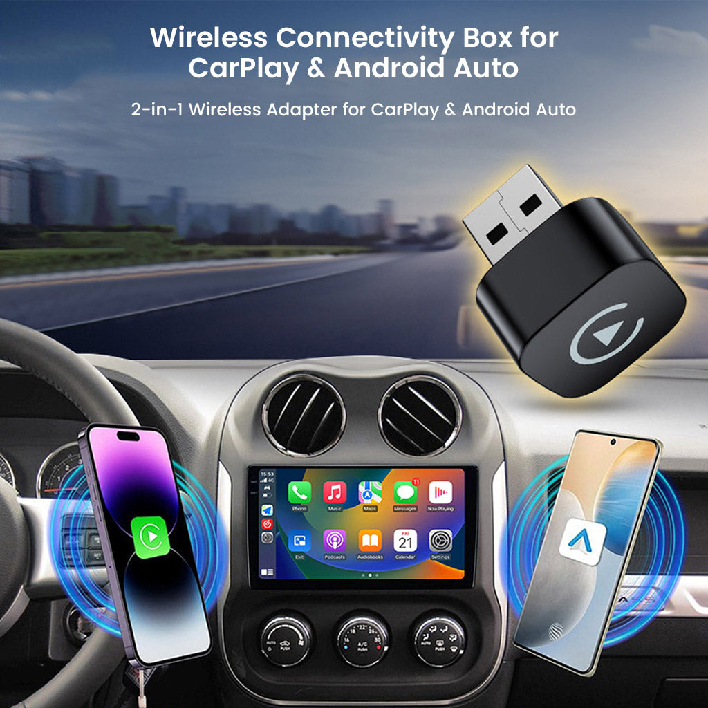 TECPHILE wireless car play adapter enabling wireless CarPlay & Android Auto in a car dashboard setup with dual smartphone connectivity.