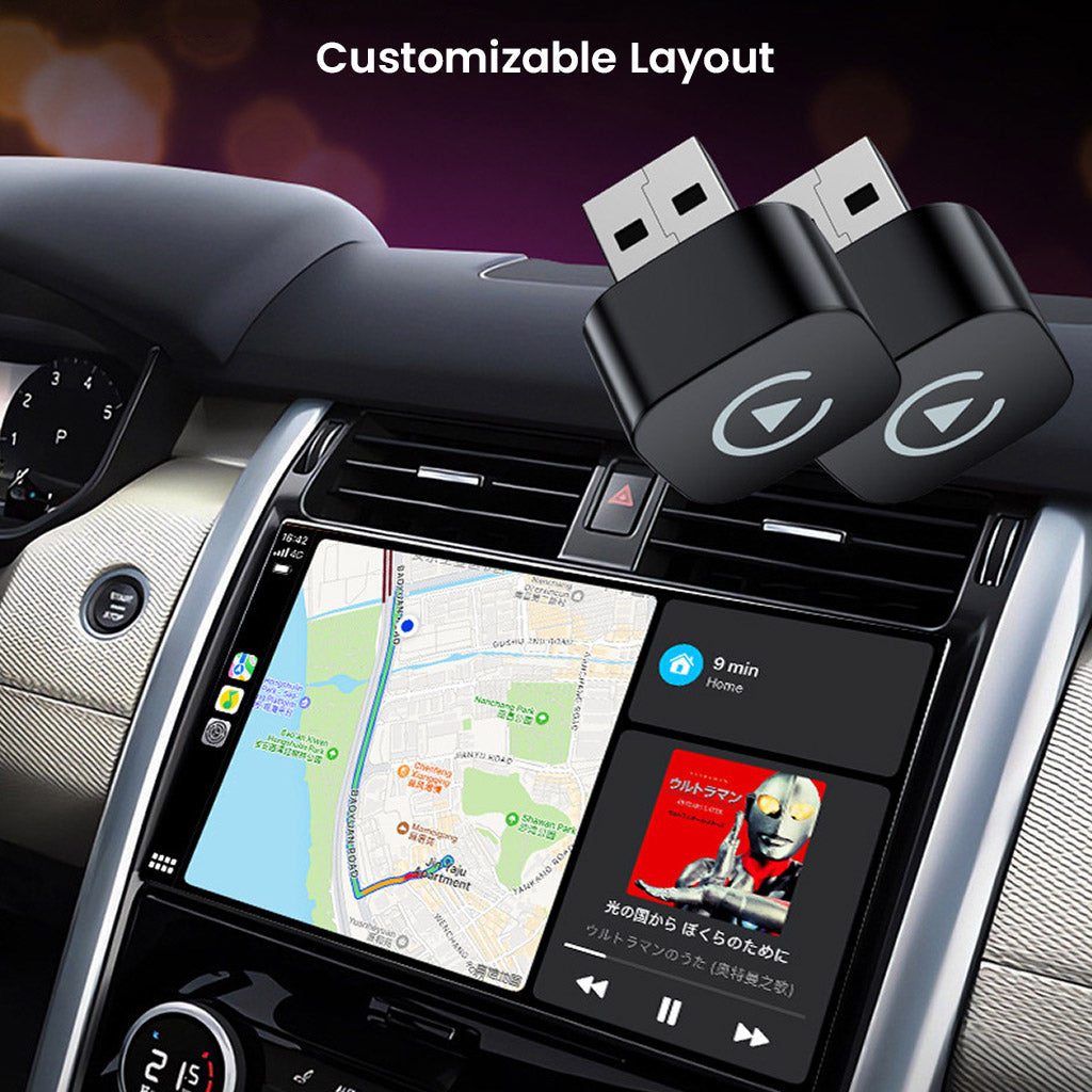 TECPHILE CarPlay & Android Auto adapter with customizable layout on car infotainment screen, supporting dual device setup.