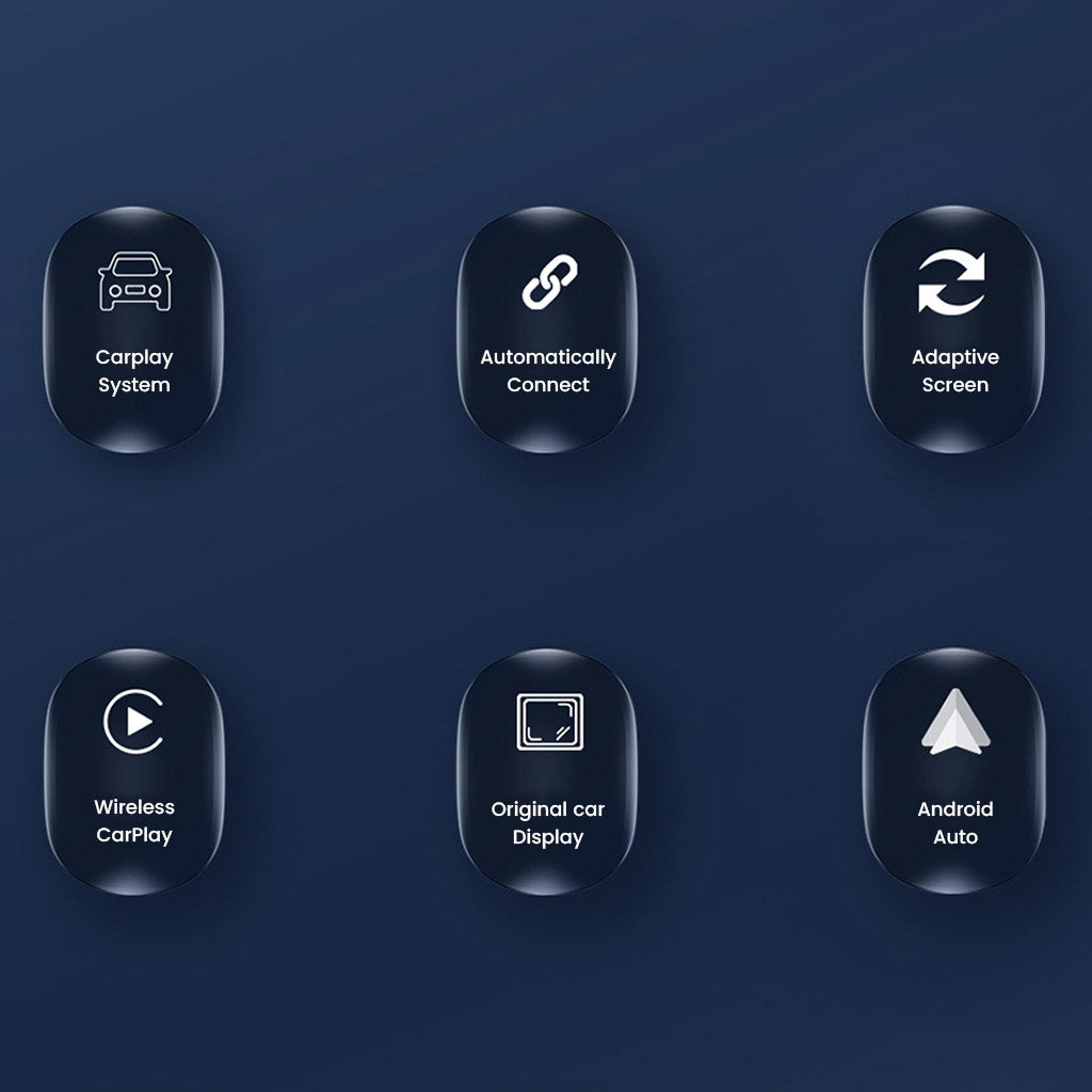 Feature icons of TECPHILE wireless car play adapter highlighting CarPlay system, auto connect, adaptive screen, and Android Auto support.