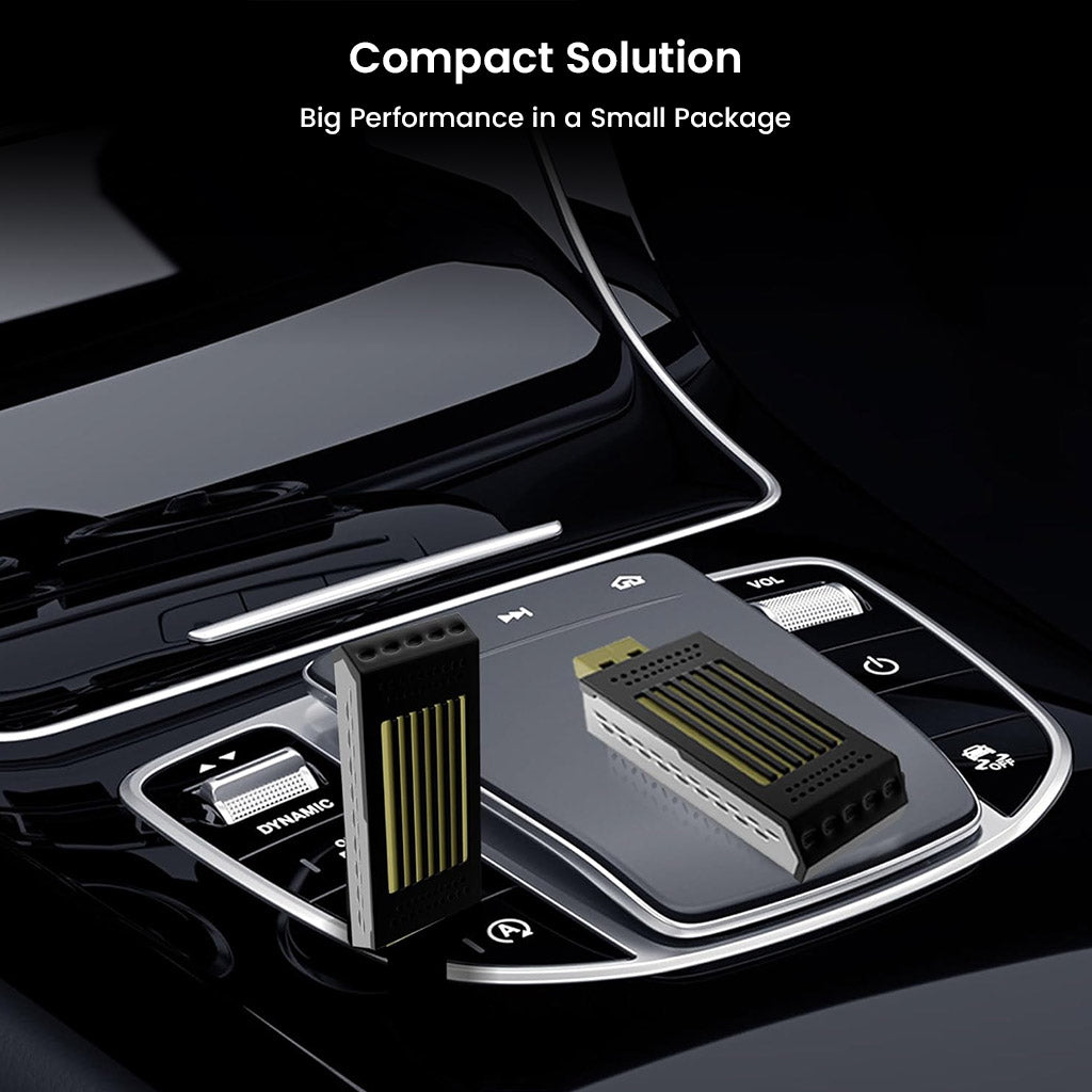 TECPHILE DroidDrive Android 13 AI Box shown in a car console, highlighting its compact size and high-performance wireless functionality.