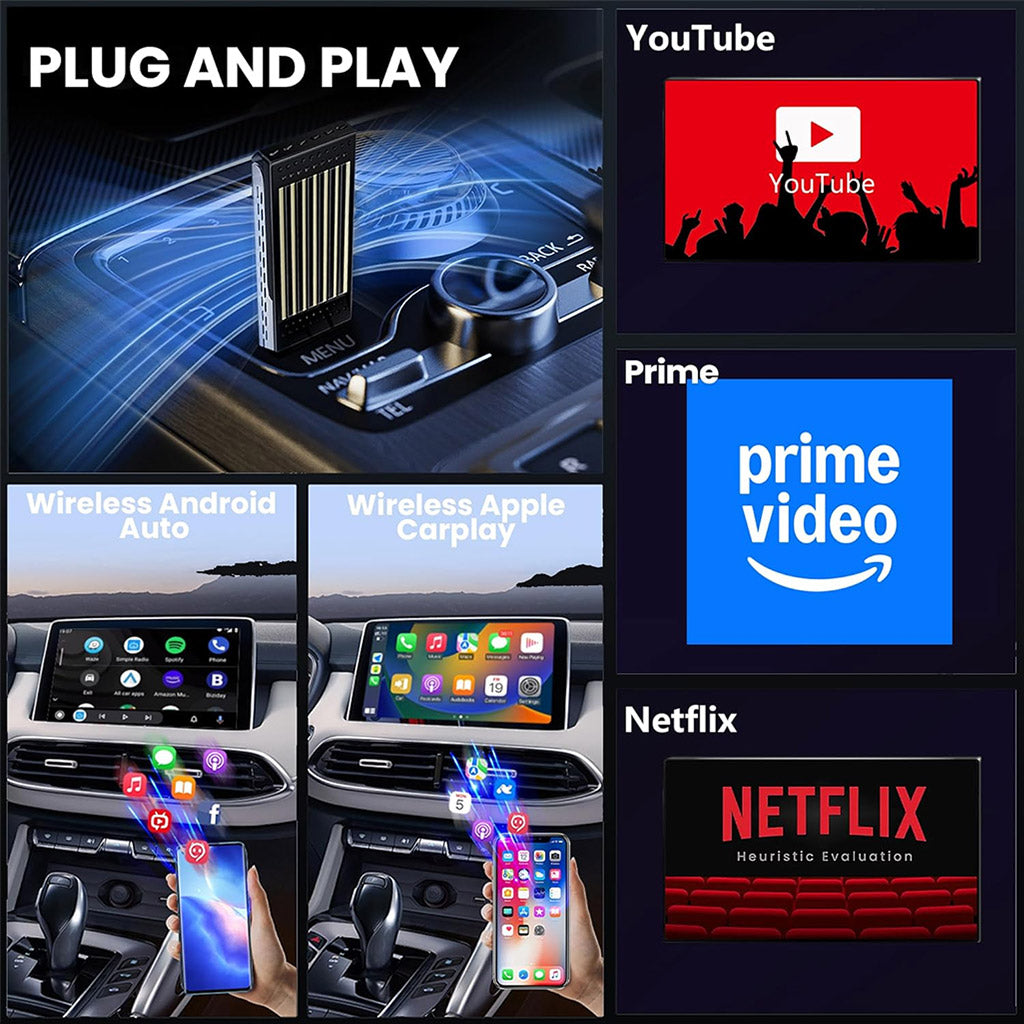 TECPHILE DroidDrive Android 13 AI Box offers plug-and-play streaming with YouTube, Prime Video, and Netflix on car infotainment systems.