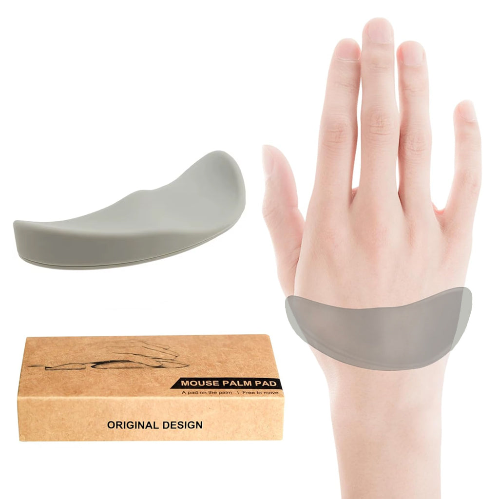 TECPHILE gray wrist support pad displayed on hand with box, ergonomic design for right-handed users to reduce wrist strain.