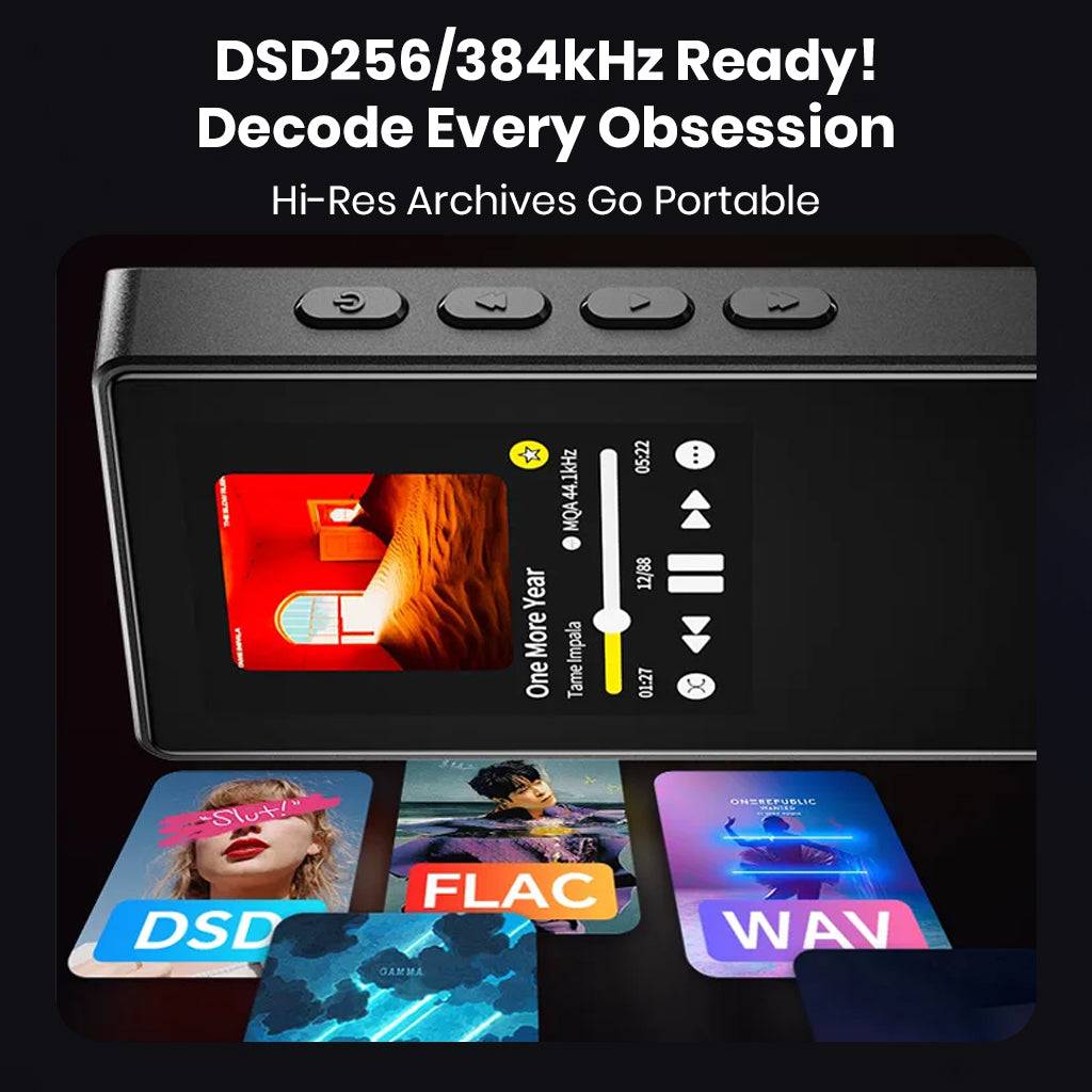 TempoTec Variations V1 supports DSD256 and 384kHz playback, decoding FLAC, WAV, and other Hi-Res audio formats.