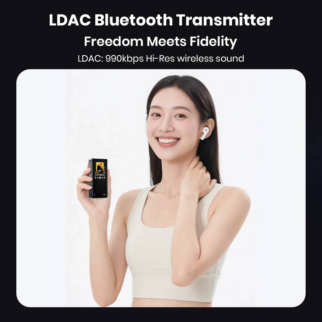 Woman holding TempoTec Variations V1 Hi-Res Player with LDAC Bluetooth transmitter for wireless high-fidelity audio.