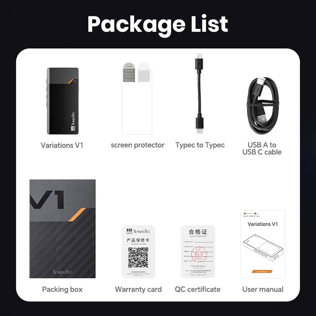 Package contents of TempoTec Variations V1 including player, cables, screen protector, warranty card, and user manual.