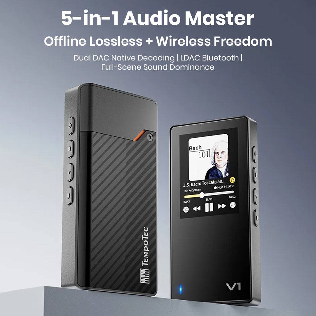 TempoTec Variations V1 5-in-1 Hi-Res Audio Player featuring offline lossless playback, LDAC Bluetooth, and dual DAC decoding.