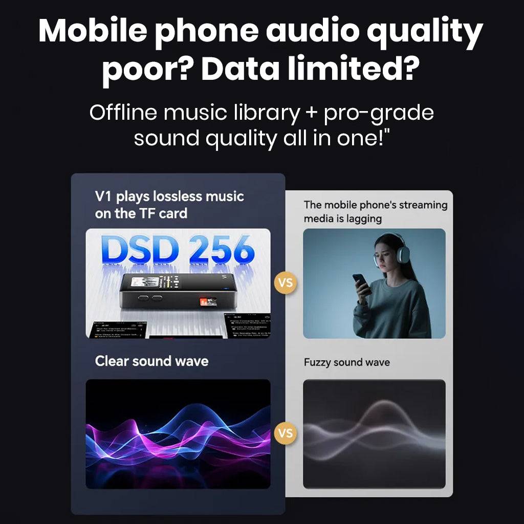 TempoTec Variations V1 supports DSD256 playback from TF card, offering superior sound quality over mobile phone streaming.