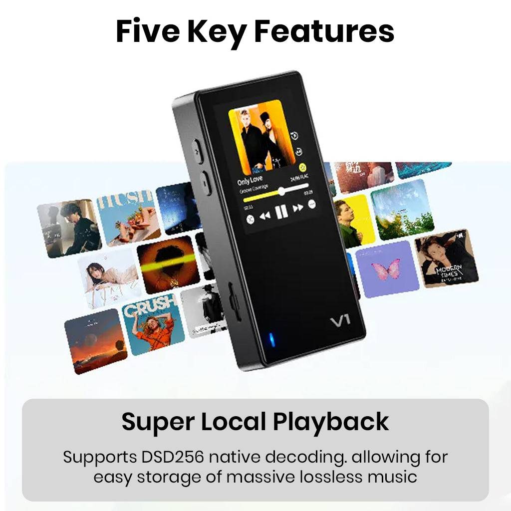 TempoTec Variations V1 Hi-Res Player with DSD256 native decoding and local music storage for lossless audio playback.