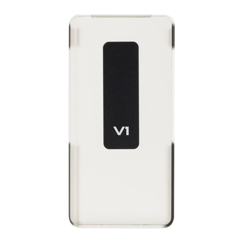Front and side view of TempoTec Variations V1 with transparent case, showcasing screen and button accessibility.