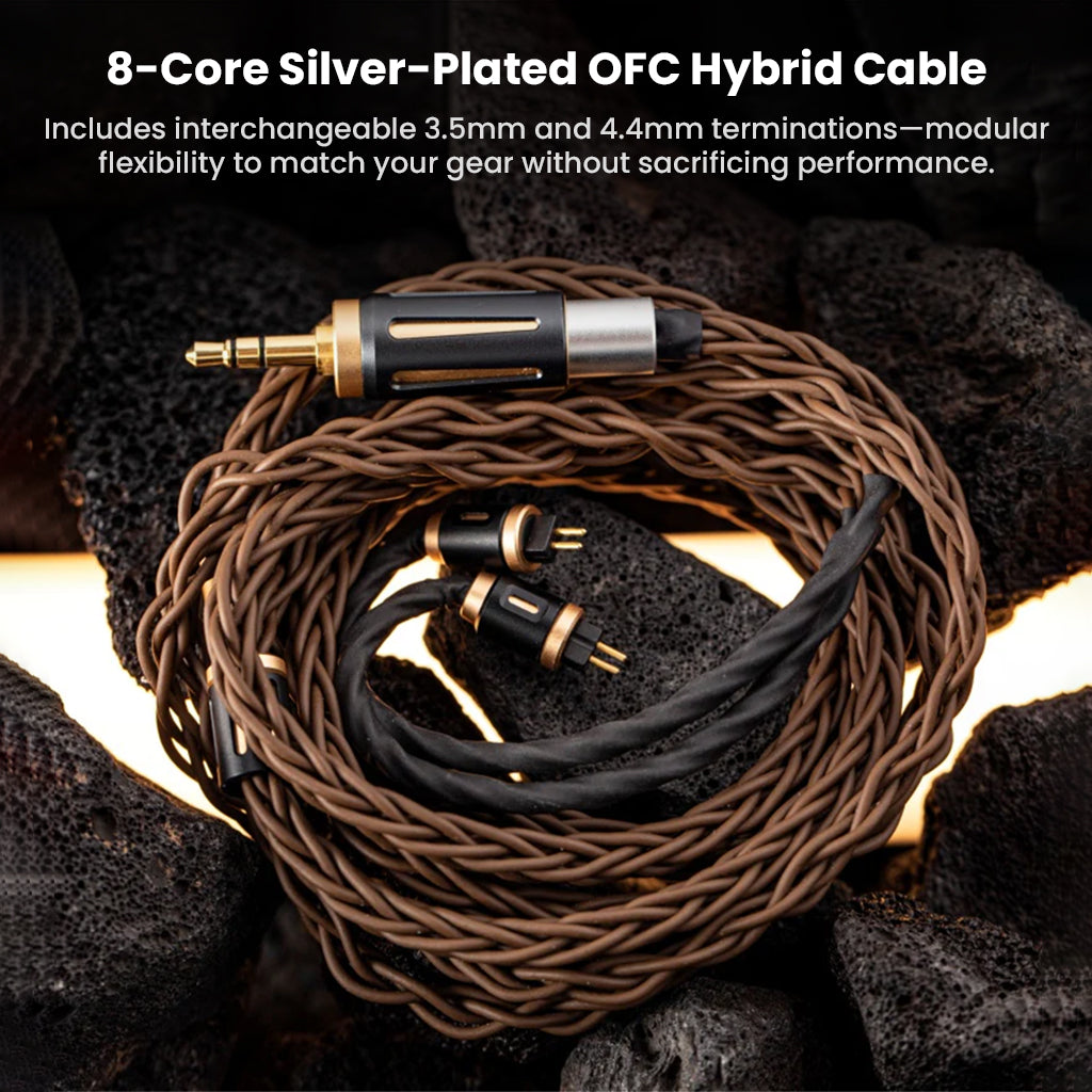 8-core silver-plated OFC hybrid cable with modular 3.5mm and 4.4mm terminations included with ThieAudio Monarch MKIV IEM for flexible connectivity.