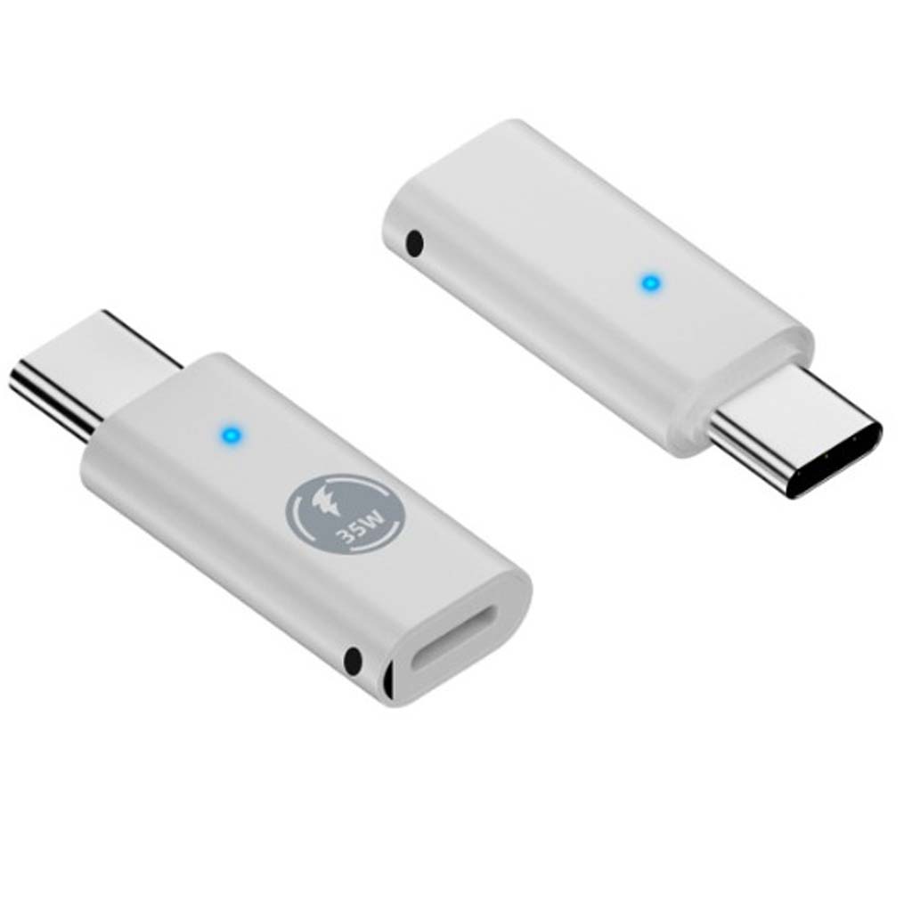 Dual view of TECPHILE LIGHTING to TYPE-C PD35W OTG Adapter showing USB-C male and Lightning female ports with LED indicators.
