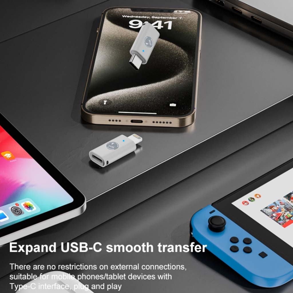 TECPHILE LIGHTING to TYPE-C PD35W OTG Adapter enables smooth USB-C data transfer across iPhones, tablets, and gaming devices.