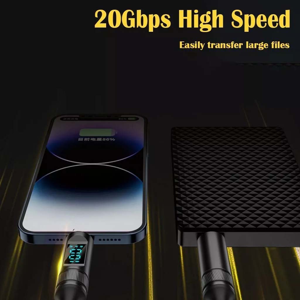 TECPHILE 100W Type-C to Type-C Cable transferring data at 20Gbps between phone and external drive, ideal for large file transfers.