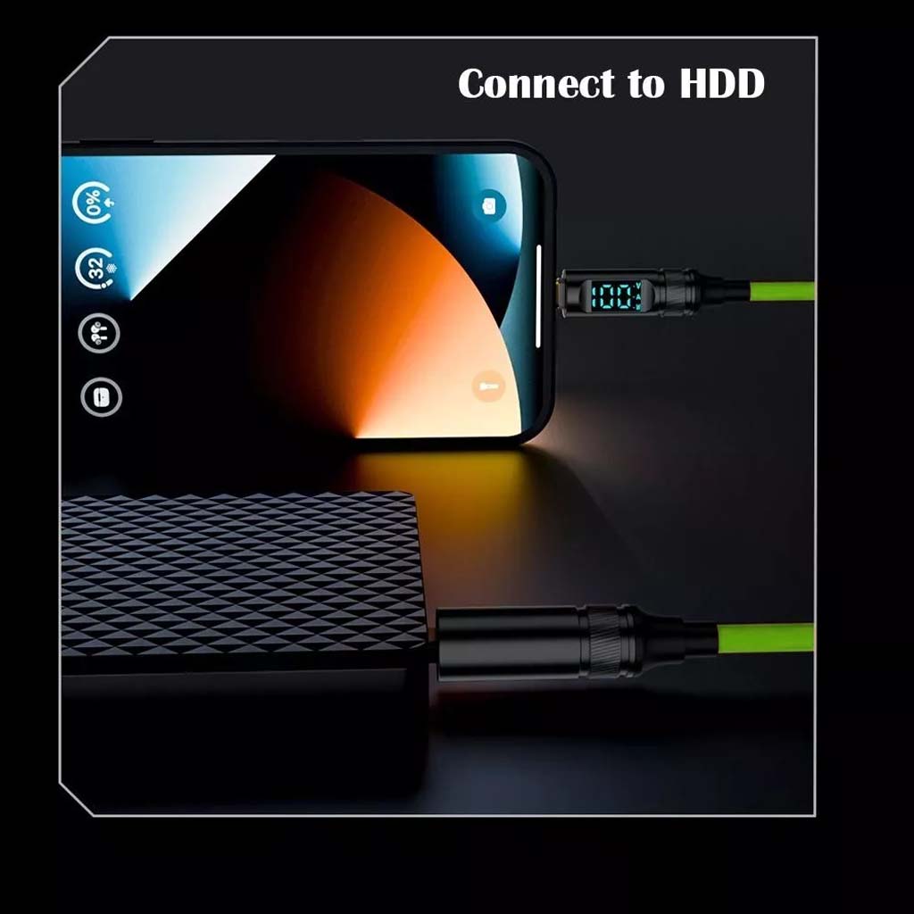 TECPHILE 100W Type-C to Type-C Cable connected to HDD and smartphone, supporting high-speed data transfer and real-time power display.